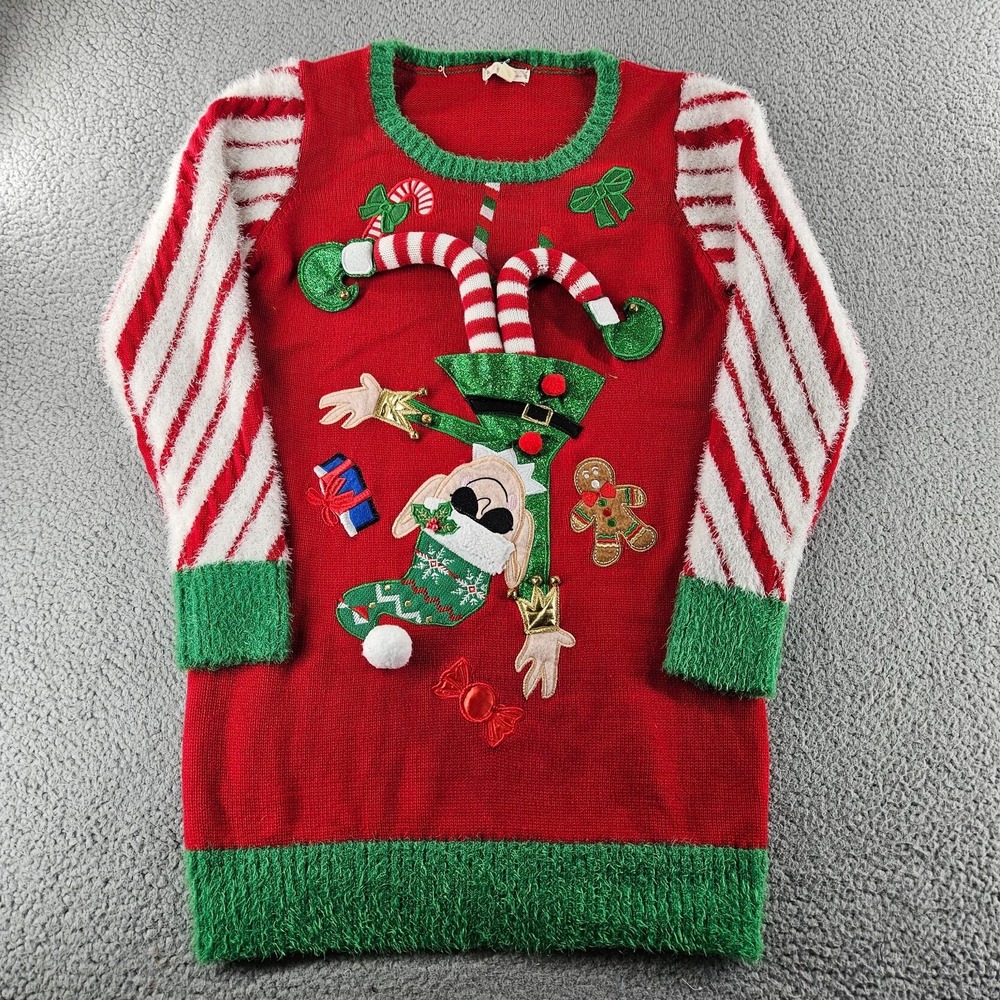 Christmas Sweater Dress Womens XL Elf Candyβ Cane Soft Knit Holiday Party Tacky
